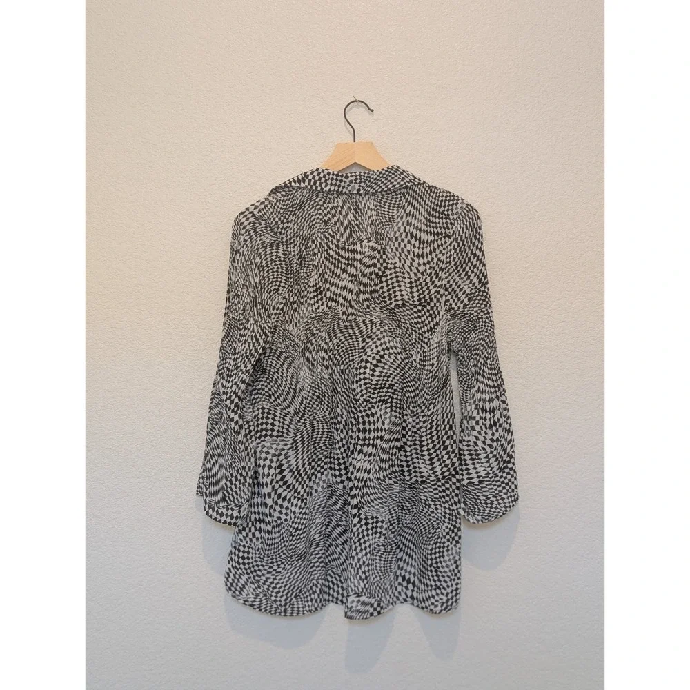 Sunny Leigh Checkerboard Button Down Tunic Blouse Black White Medium